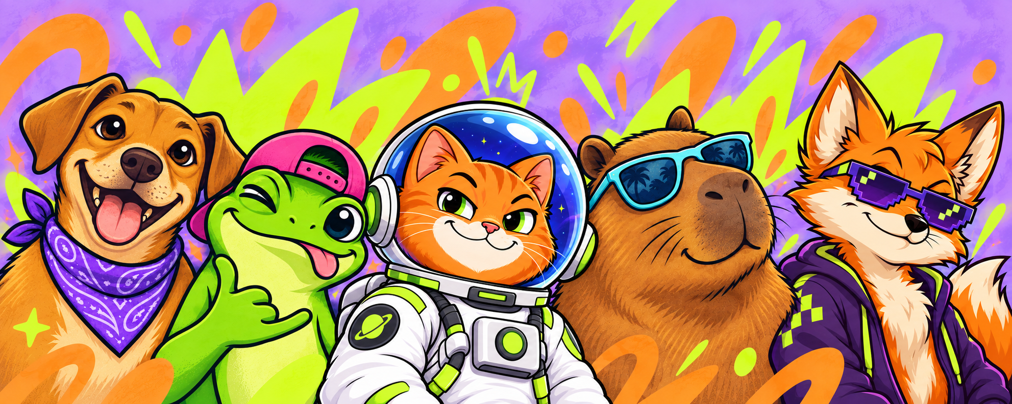 Cinco mascotes coloridos do WordFinance Token Launcher